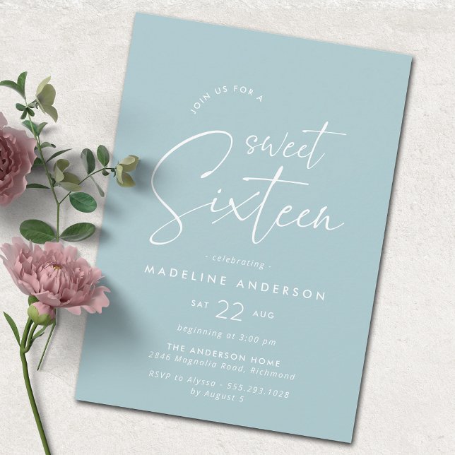Soft Blue | Simple Modern Sweet 16 Birthday Party Invitation (Creator Uploaded)