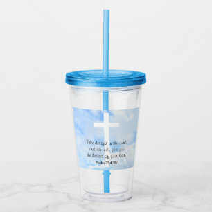 Soft Blue Sky White Cross Bible Verse Christian Acrylic Tumbler