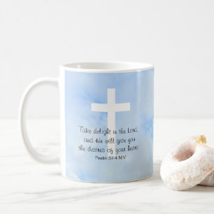 Soft Blue Sky White Cross Bible Verse Christian Coffee Mug