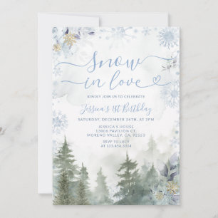 Soft Blue Snowflake In Love Winter Forest Birthday Invitation