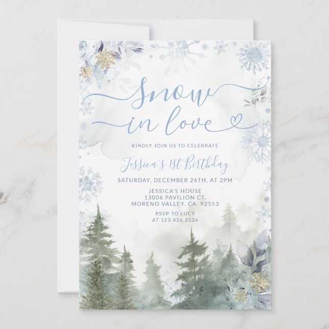 Soft Blue Snowflake In Love Winter Forest Birthday Invitation (Front)
