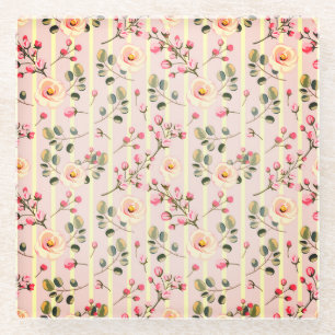 Soft Blue Stripe Floral  Glass Coaster