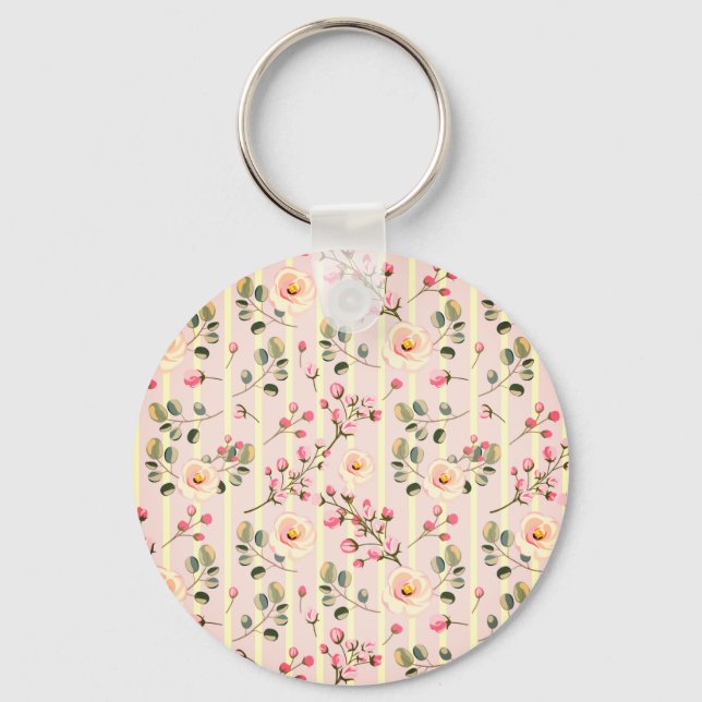 Soft Blue Stripe Floral  Key Ring (Front)