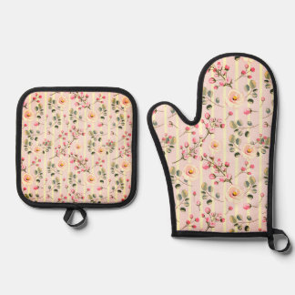 Soft Blue Stripe Floral Oven Mitt & Pot Holder Set