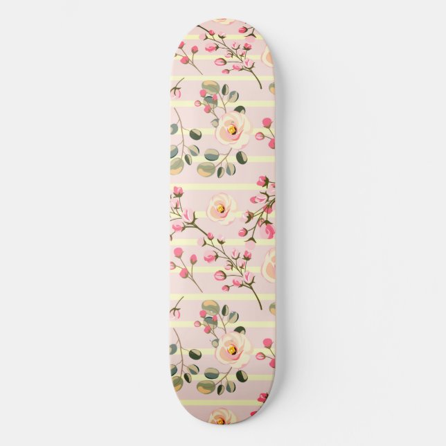 Soft Blue Stripe Floral  Skateboard (Front)
