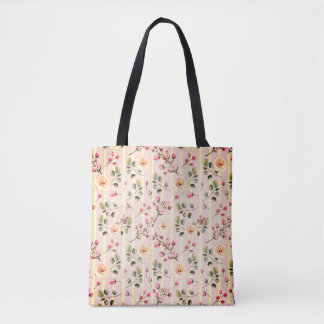 Soft Blue Stripe Floral Tote Bag