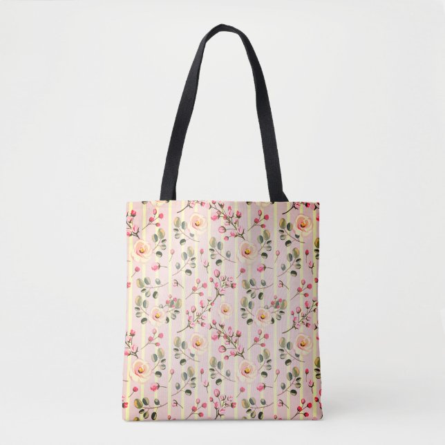 Soft Blue Stripe Floral  Tote Bag (Front)