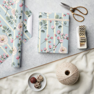 Soft Blue Stripe Floral  Wrapping Paper