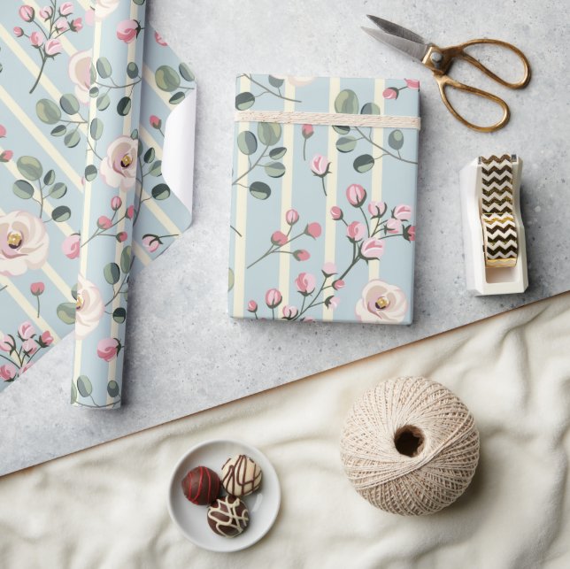 Soft Blue Stripe Floral  Wrapping Paper (Crafts)