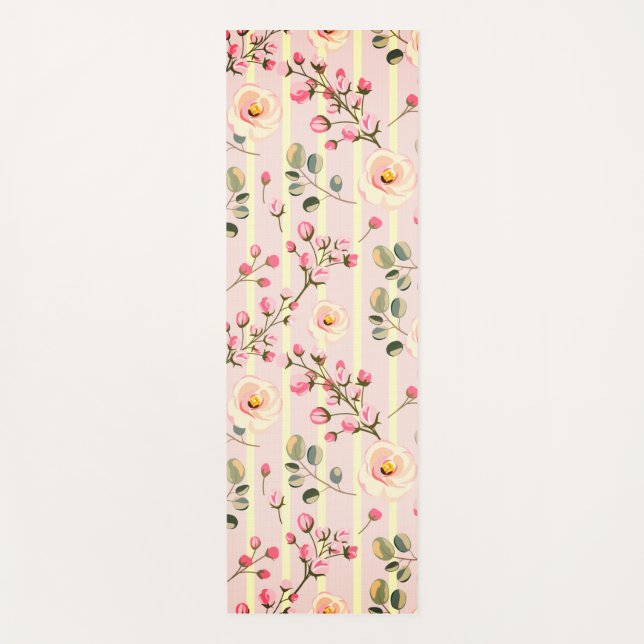 Soft Blue Stripe Floral  Yoga Mat (Front)