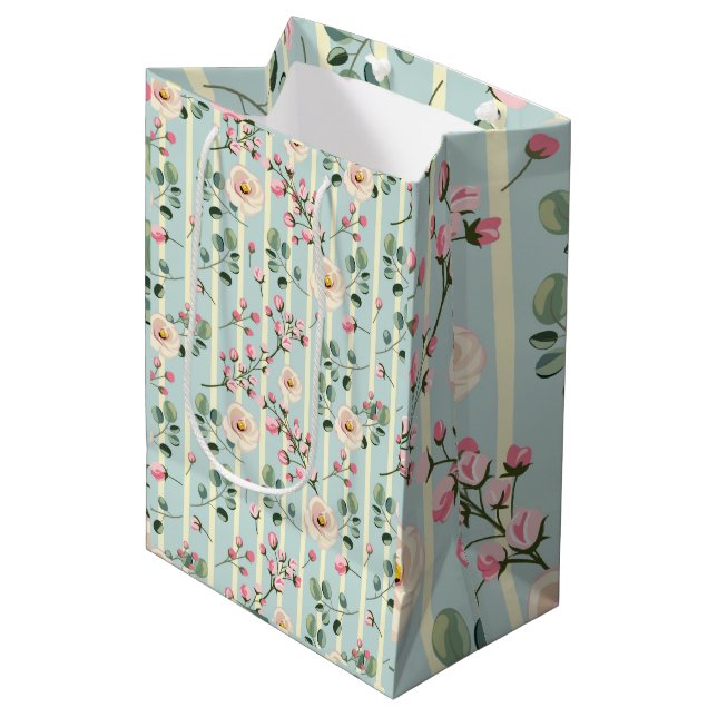 Soft Blue Striped Floral Wrapping Medium Gift Bag (Front Angled)