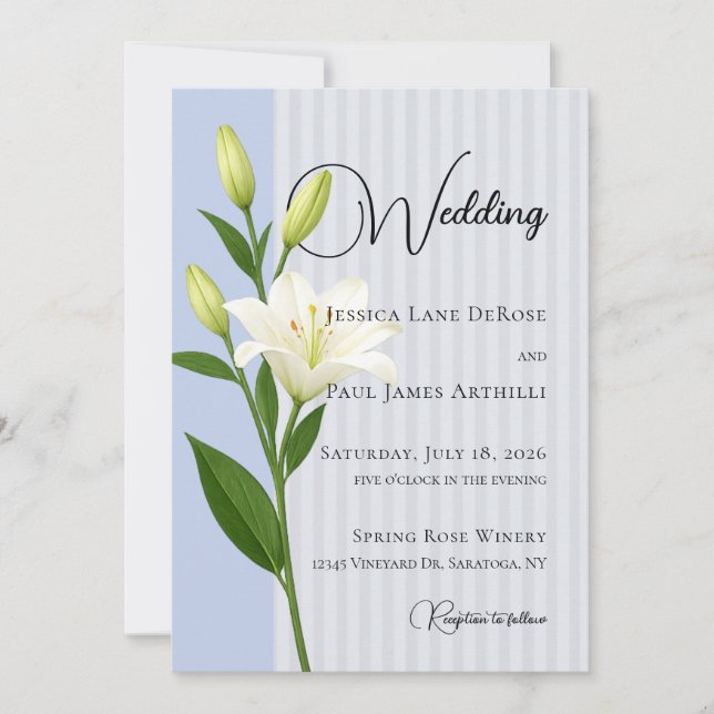 Soft Blue Striped White Lily Wedding Invitation (Front)