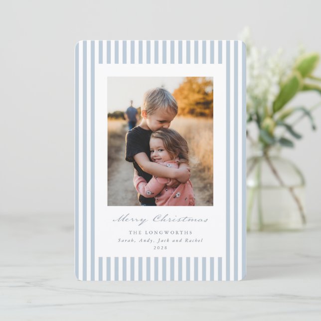 Soft Blue Stripes Merry Christmas Flat Photo Holiday Card (Standing Front)