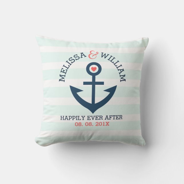 Soft Blue Stripes Navy-Blue Nautical Boat Anchor Outdoor Cushion (Front)