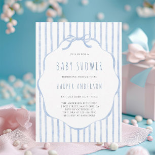Soft Blue Stripes with Frame Boy Baby Shower Invitation