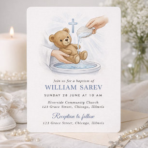 Soft Blue Teddy Bear Baptism  Invitation