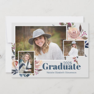 Soft Blue Three Photo Watercolor Graduation Party Invitation