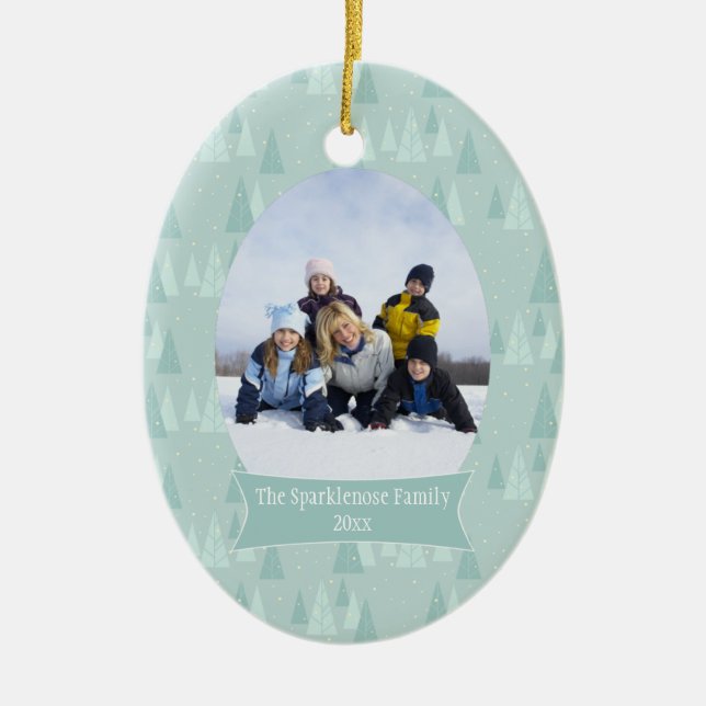 Soft blue trees Christmas holiday photo ornament (Front)