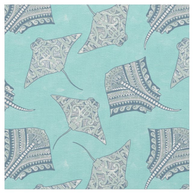 Soft Blue Tribal Stingrays Fabric (Close Up)