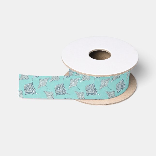 Soft Blue Tribal Stingrays Satin Ribbon (Spool)