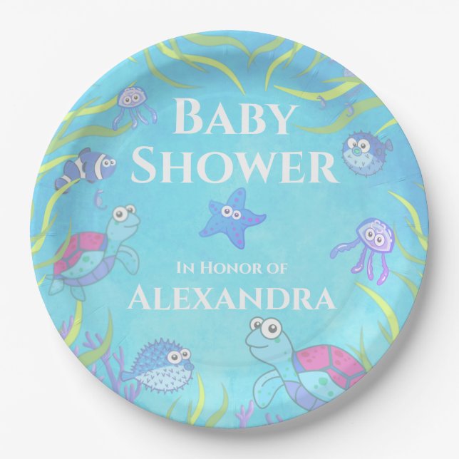 Soft Blue Under the Sea Boy Baby Shower  Paper Pla Paper Plate (Front)