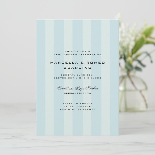Soft Blue Vertical Stripes Modern Baby Shower Invitation (Standing Front)