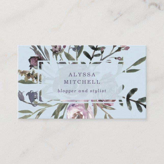 Soft Blue Vintage Look Floral Business Card (Front)