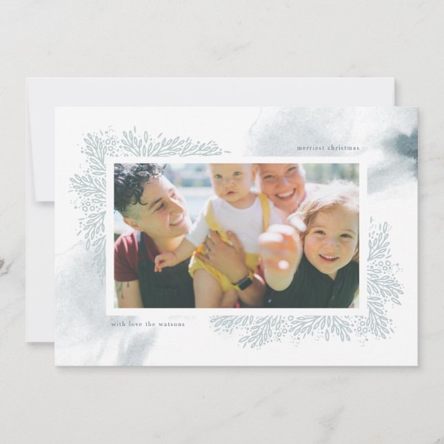 Soft Blue Watercolor Flower Christmas Photo Card (Front)