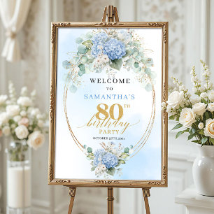 Soft Blue Watercolor Gold 80th birthday welcome Poster