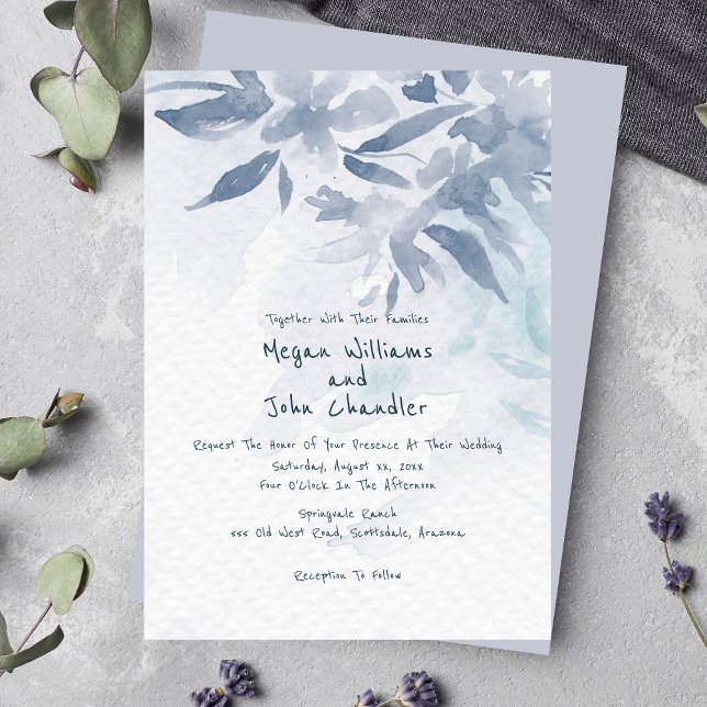 Soft Blue Watercolor Leaves Wedding  Invitation (Soft Blue Watercolor Leaves Wedding Invitation)