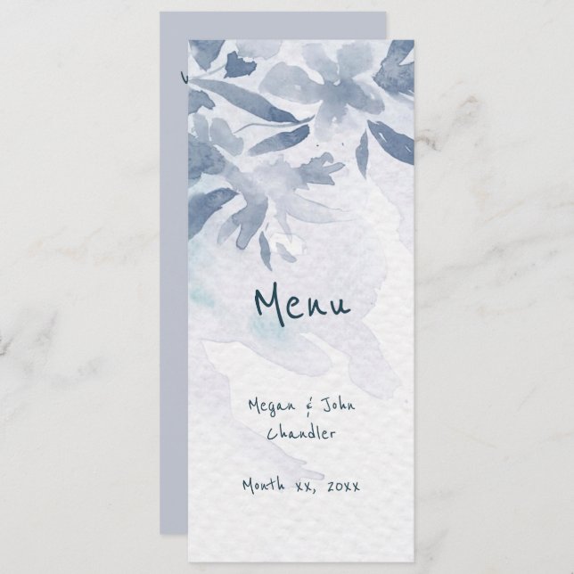 Soft Blue Watercolor Leaves Wedding Menu (Front/Back)