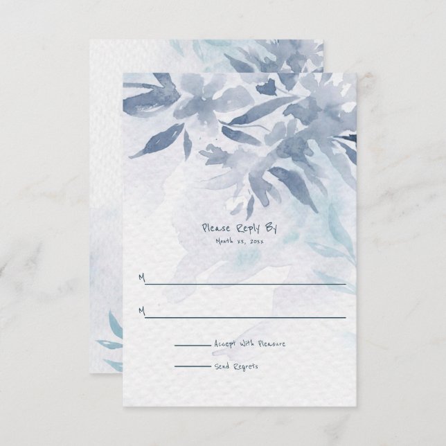 Soft Blue Watercolor Leaves Wedding RSVP Card (Front/Back)