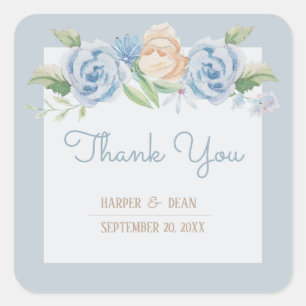 Soft Blue Watercolor Sketched Floral Square Sticker