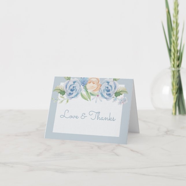 Soft Blue Watercolor Sketched Floral Thank You Card (Front)