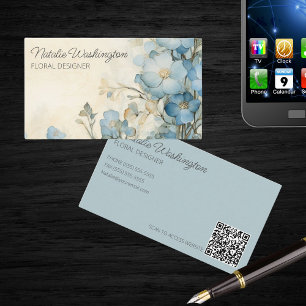 Soft Blue Watercolor Wildflowers with QR Code Business Card