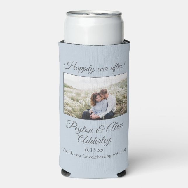 Soft Blue Wedding Photo Happily Ever After Seltzer Can Cooler (Seltzer Front)