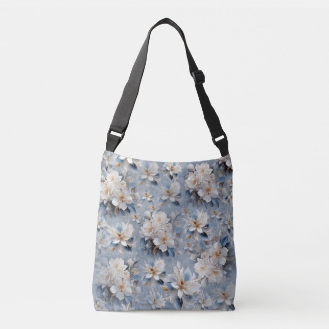 Soft Blue, White and Gold Flowers on Silk Crossbody Bag (Front)