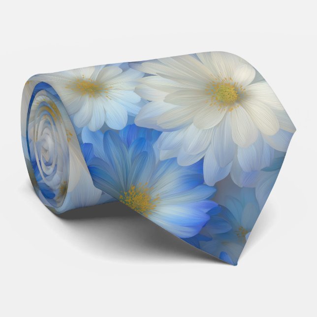 Soft Blue White Daisy Pattern Tie (Rolled)