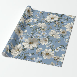 Soft Blue White Ditsy Flower Pastel Boho 70s  Wrapping Paper