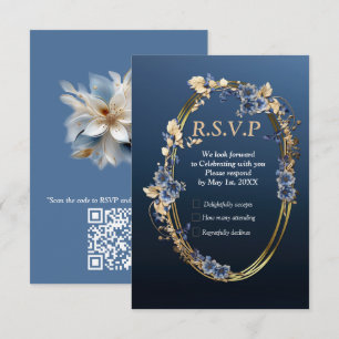 Soft Blue, White Flowers & Gold frame decor RSVP Card