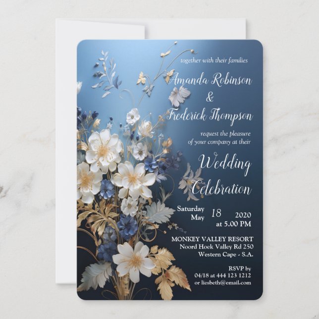 Soft Blue, White Flowers & Gold leaves Invitation (Front)