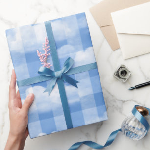 Soft Blue White Summer Gingham Cloud Plaid Pattern Wrapping Paper