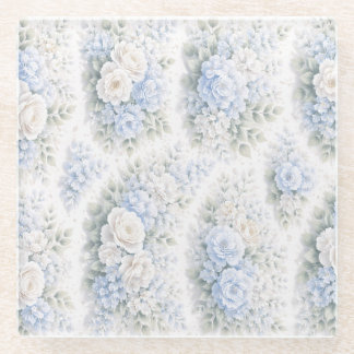Soft Blue White Watercolor Floral Elegant Romantic Glass Coaster