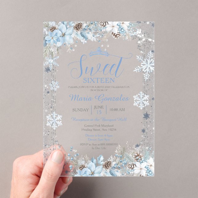 Soft Blue Winter Floral Christmas Sweet Sixteen Acrylic Invitations (Insitu (Handheld))