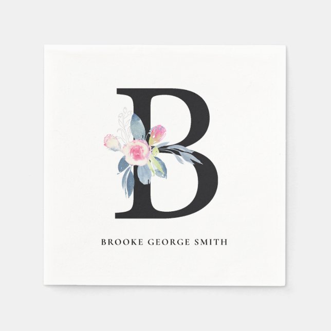 SOFT BLUSH BLUE BLACK FLORAL ALPHABETS LETTER B NAPKIN (Front)