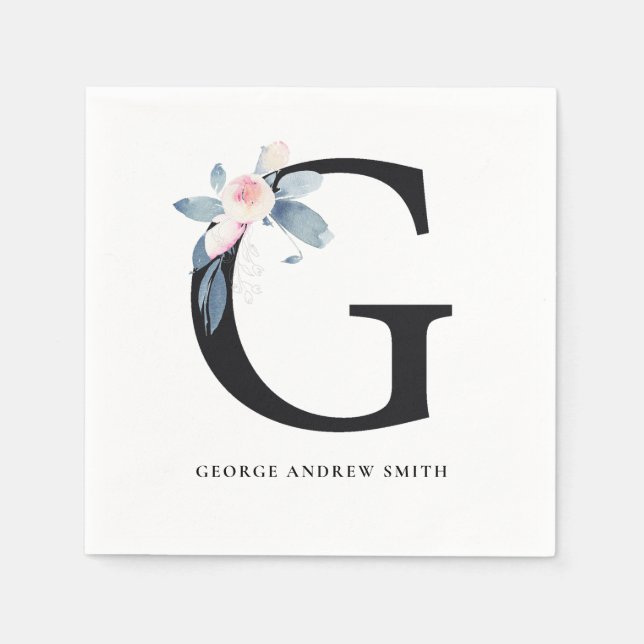 SOFT BLUSH BLUE BLACK FLORAL ALPHABETS LETTER G NAPKIN (Front)