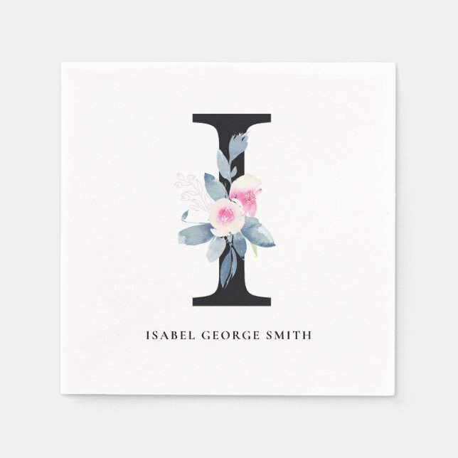 SOFT BLUSH BLUE BLACK FLORAL ALPHABETS LETTER I NAPKIN (Front)