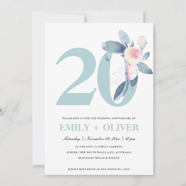 SOFT BLUSH BLUE FLORAL 20TH ANY YEAR ANNIVERSARY INVITATION (Front)
