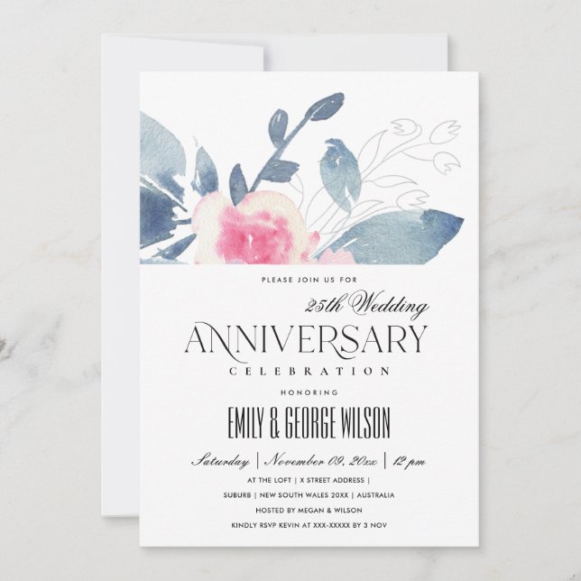 SOFT BLUSH BLUE FLORAL 25th ANY YEAR ANNIVERSARY Invitation (Front)