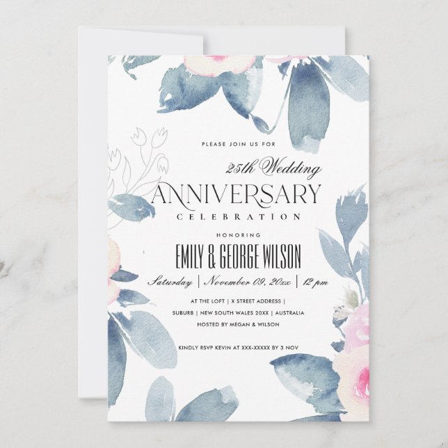 SOFT BLUSH BLUE FLORAL 25th ANY YEAR ANNIVERSARY Invitation (Front)